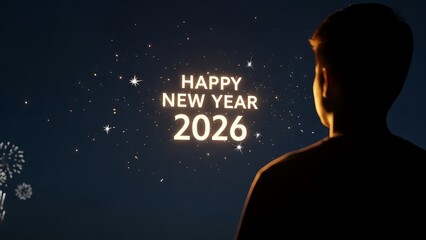 Happy New Year 2026 Gold Text with Bokeh and Dark Particle Background