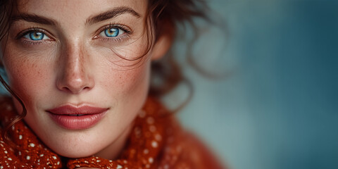 woman with blue eyes, red scarf, soft brown and gray tones, bokeh background, depth of field effect,