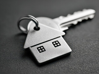 Close-up of a silver house-shaped keychain attached to a single key resting on a dark textured surface symbolizing home ownership and real estate concepts