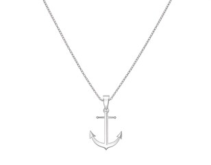 Simple, elegant silver necklace with a nautical-themed anchor pendant, isolated on white