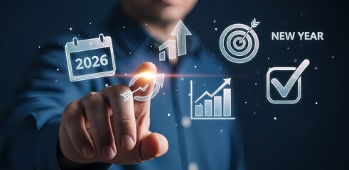 Business Planning and Strategy Concept Hand Touching Digital Calendar of 2026