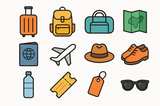 Minimal icon sunglasses bag suitcase travel tag icons passport duffle map backpack