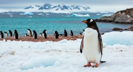 Obraz premium Gentoo penguin standing on snowy antarctic shore with colony in background and icy ocean landscape.