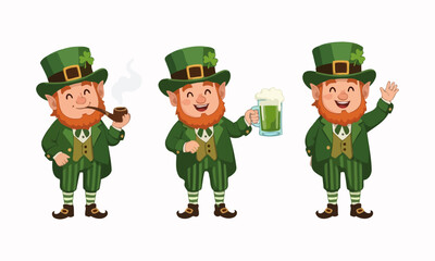 Delightful cartoon leprechauns celebrating St. Patrick's Day festivities, engaged in various joyful activities like smoking a pipe, toasting with green beer, and friendly waving