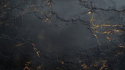 Black concrete texture with vignette golden crack for abstract background. 