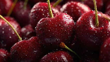 Glossy cherries with stems, fresh and sparkling with tiny water droplets in a tightly cropped, rich, dark scene