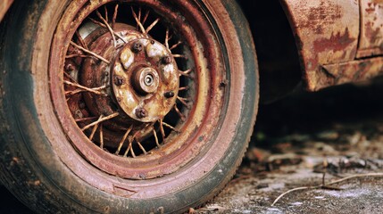 Rusty wheel with an old worn tire from an abandoned car shown in detailed view, highlighting decay, corrosion, damaged rubber, aging material, neglected automotive parts in a deserted outdoor setting
