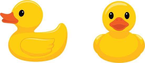 Cartoon rubber duck illustration, side and front view, yellow toy, bath time theme, vector graphic, cute design, art, fun