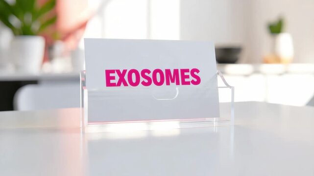 White sign with word exosomes in bold pink letters on cosmetologist desk modern clinic background concept of regenerative medicine skincare antiaging cellular therapy beauty and scientific innovation
