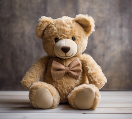 Obraz premium Stuffed toy of teddy bear with bow tie on a wooden background.