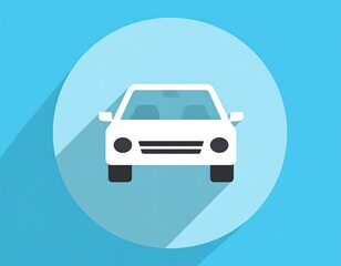 Simplified front view of a white car illustration, within a blue circle, shadow effect, on cyan backdrop