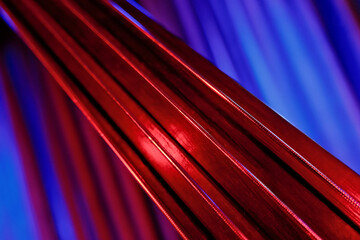 Close-Up of Double Bass Strings with Red and Blue Dramatic Lighting