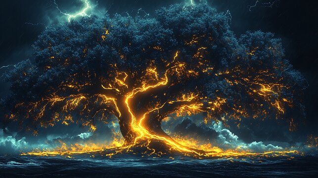 Glowing tree branches with lightning high resolution picture