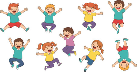 Cartoon kids jumping, happy children, playful poses, colorful outfits, joyful expression, childhood fun, vector art, smiling faces, energetic movement, white background