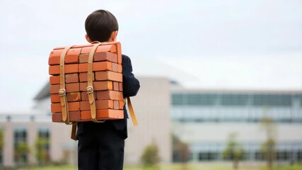 Schoolboy with heavy backpack made of bricks, education burden, childhood metaphor, student struggle, unrealistic load, concept image, back view, surreal school life, academic pressure
