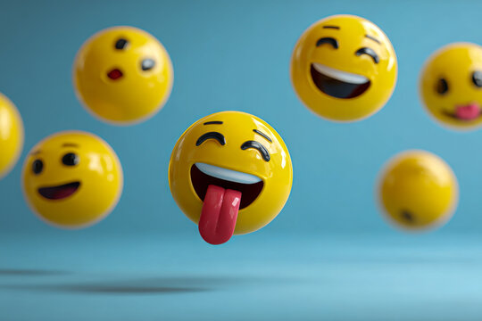 Group of vibrant yellow emoji faces expressing joy, laughter, and playfulness with tongues out on a bright blue background floating in midair - Powered by Adobe