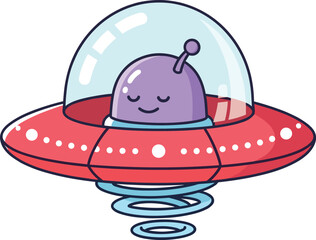 Cartoon purple alien inside red flying saucer with dome and lights, space travel concept, whimsical extraterrestrial vector illustration