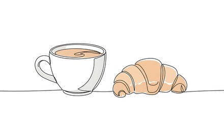 Simplified illustration of a coffee cup and croissant outlined with a single continuous line