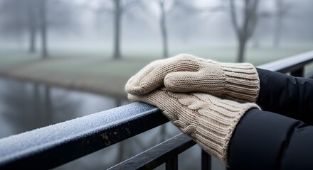 Gloved hands resting on a frosted railing in a misty winter park for cold weather protection concept and serene winter contemplation