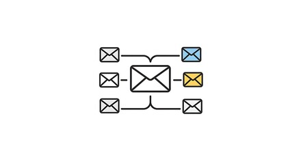 Simplified illustration of a network of email messages and their connections on a white background