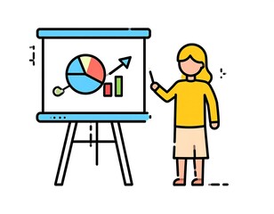 Simplified illustration of a person presenting a business report with charts and graphs