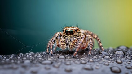 Macro shot of a fuzzy jumping spider with large eyes on a wet surface close-up insect