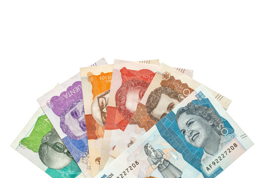 Colombia money. All new paper banknotes of the Colombian currency, the peso, arranged in a fan on a transparent background. Financial business concept. Flat lay