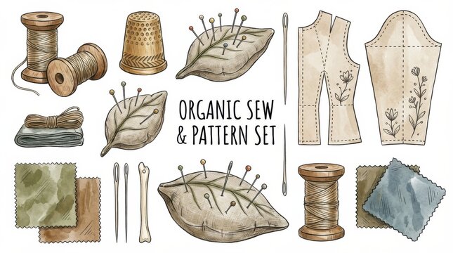 organic sewing tools and fashion pattern pieces shape elements set perfect for digital prints templates and illustration projects isolated on white background