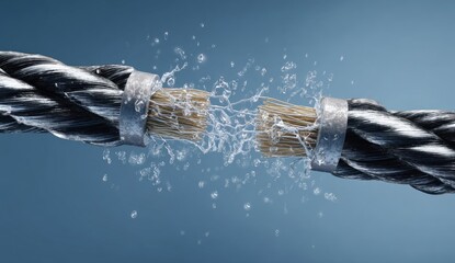 Rope snaps; metal bands hold. Water erupts as tension gives way