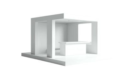 A pristine white cubicle booth with an open design, a built-in counter, and structural pillars. The minimalist structure is set against a black backdrop