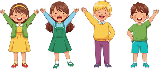 Cartoon Children Standing Cheerfully with Raised Arms – Colorful Character Illustration for Kids Content, Education, or Diversity Themes