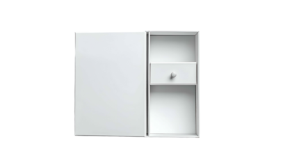 Overhead shot of a white rectangular box partially open, revealing a compartment with a small drawer and two shelves