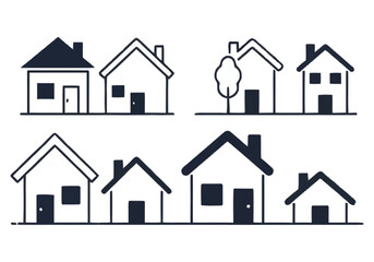 Set of Minimalist House Icons Representing Residential Property and Neighborhood Living Niche Industry Vector Icons Evergreen Microstock Graphics Sustainable Energy Line Art