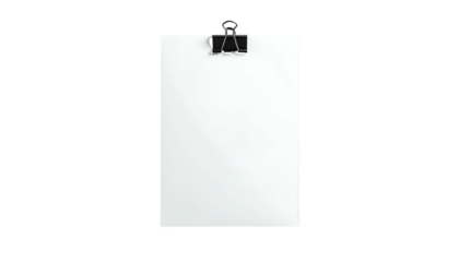A stark white, rectangular sheet of paper secured at the top with a black binder clip, set against a dark, contrasting background