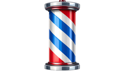 A classic barber pole with red, white, and blue spiral stripes. A shiny chrome top and base finish the design. Background is black