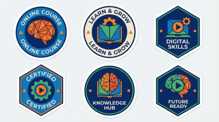 Naklejka premium geometric online education course symbols label and badge set suitable for print-on-demand products and merch isolated on white background