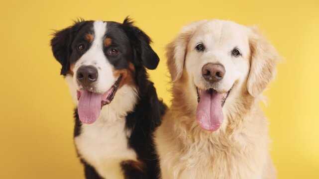Adorable bernese mountain dog and golden retriever sticking out their tongues on a vibrant yellow background