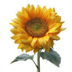 Naklejka premium Bright yellow sunflower blossom with green stem and leaves, isolated on a white background, closeup studio shot