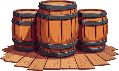 Rustic wooden barrel trio illustration featuring metal bands, curved wooden staves and rich warm tones, ideal for tavern graphics, medieval themes, storage icons, fantasy games