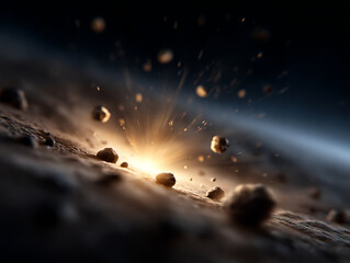 Explosive asteroid impact creating debris in space, showcasing cosmic phenomena and energy