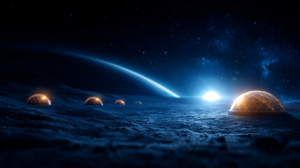 Lunar base architecture with domes and solar panels under starry sky
