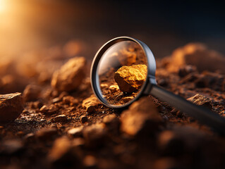 Magnifying glass focusing on rock amidst soil, highlighting geological features and textures