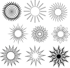 Diverse Monochrome Vector Set of Decorative Sun Icons and Astrological Symbols, Featuring Various Rays and Stylized Designs, Perfect for Logo and Branding Projects.