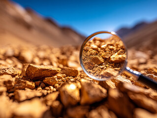 Magnifying glass focusing golden rocks dry landscape, showcasing geological features