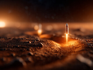 Rocket launches from Martian surface, illuminating rocky terrain with warm glow