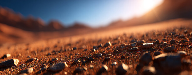 Desert landscape with rocky terrain and warm sunlight creating serene atmosphere