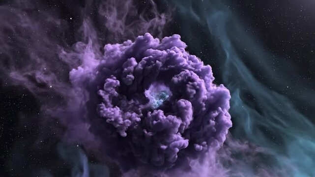 Seamless abstract animation of shifting ethereal purple and teal gas clouds expanding and contracting with varying levels of opacity gradient, calm, liquid
