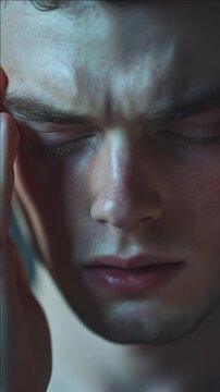 Emotional young man looking inward with a pained expression.