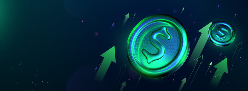 Financial Growth and Currency Market Rise with Neon Arrows and Coins. Dollar USD Coin Wealth Vector Illustration. Perfect Concept for Fintech Business. Crypto Investment.