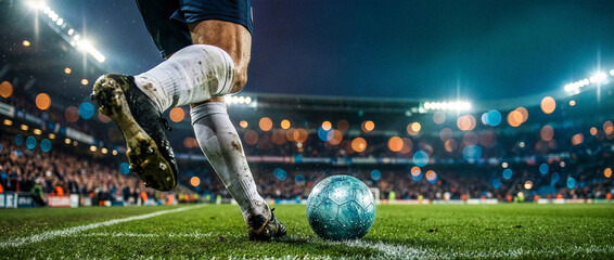 Close Up Soccer Player Legs Dribbling Ball on Pitch with Bokeh Lights